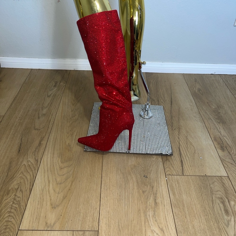 Red Sequin Knee-High Women's Boots